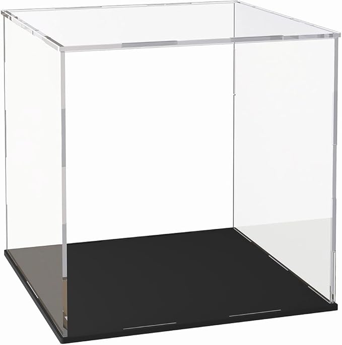 Acrylic Display Case 13x13x13 Inch, Clear Collectible Display Box with Matte Black Base, Dustproof Showcase for Figures, Models, Sports Memorabilia – Easy Self Assembly