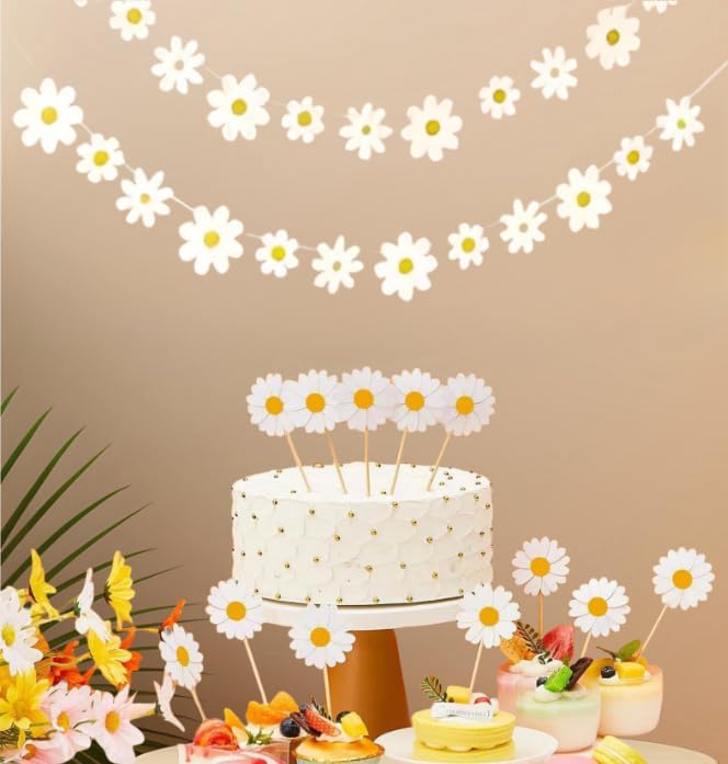 4 Packs Daisy Banner Garland Groovy Hippie Boho Birthday Decor Daisy Party Decoration Spring Flower Hanging Banner Daisy Paper Cutouts for Girl Birthday Supplies