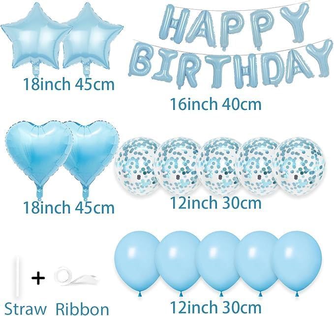 ZHENGYE 27Pcs Blue Birthday Party Decorations Kit 16 Inch Happy Birthday Balloon Banner Pentagram Heart Balloons Confetti Latex Balloons Party Decoration Supplies