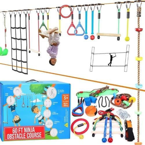 Hyponix Ninja Warrior Obstacle Course for Kids – 2 x 60 ft Slackline with 13 Outdoor Ninja Obstacles, Supports 880lbs – Monkey Net, Ratchet-Tight Tech, Climbing, Swinging & Balance Training, Ages 3+