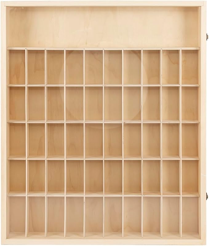 1:64 Scale Toy Car Display Case Organizer Storage with Acrylic Transparent Door, Wooden Wheel Rack Wall Mounted with 51 Compartments for Toy Car, Collectibles, Figurines (61.8x74.8x7cm)