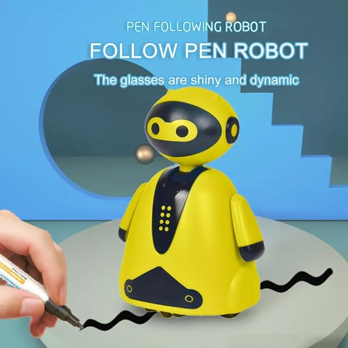 Mini Magic Inductive Robot Toy Tracer Bot Interactive STEM Toy Follow Black Line with LED Light Educational Toys for Kids (Yellow)