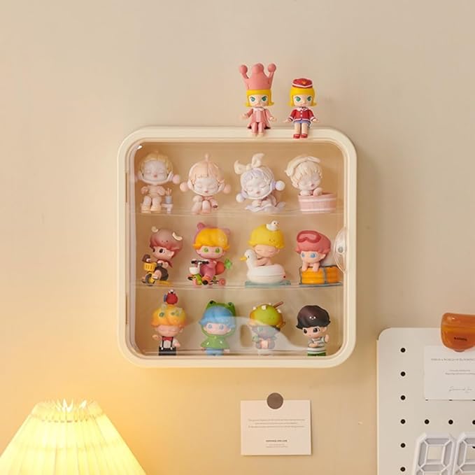 Clear Display Case for Figures, Wall Mounted Clear Display Box, 3 Tiers Adjustable Acrylic Display Box Stand with Magnetic Door for Mini Action Figures Pop Mart Collectibles, Cream