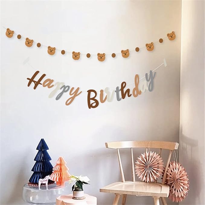 Bear Theme Happy Birthday Banner with Cute Bear Banner, Bday Party Pennant Decor, Wild One Woodland Bear First Birthday Party Supplies