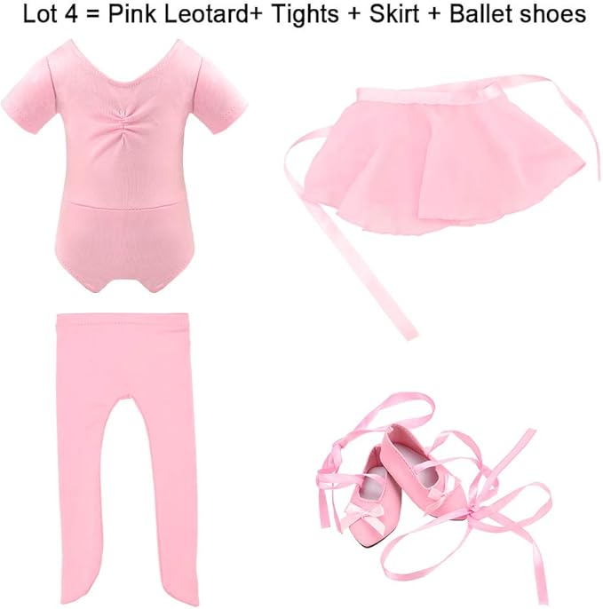 BARWA 18 Inch Doll Clothes Ballet Ballerina Outfits Dance Dress Custume Compatible with 18 Inch Dolls - 4 PCS Leotard with Tutu Skirt, Tights and Ballet Shoes