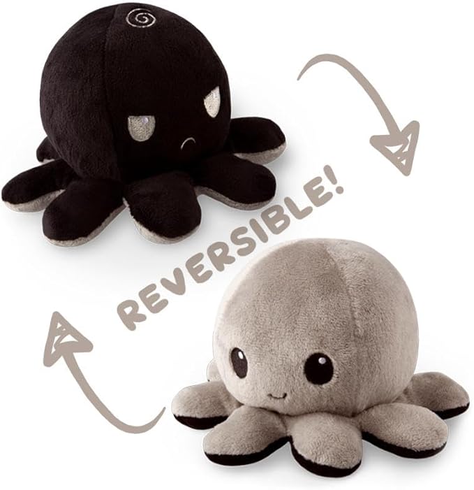 TeeTurtle Reversible Octopus Plushie 4-Inch Black + Gray Two-Sided Flip Plush Toy with Embroidered Details - Cute Mini Collectible Plush for Kids, Teens, and Adults