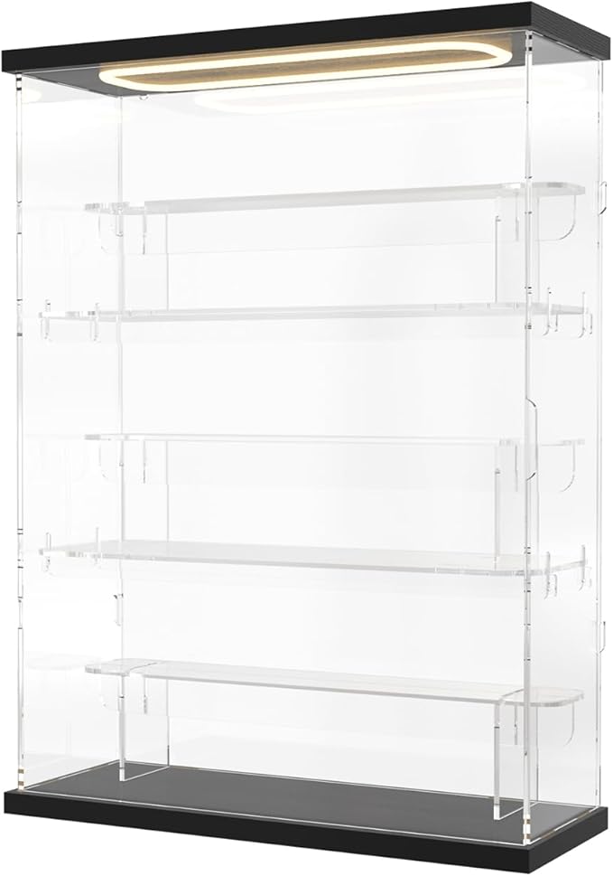 DuvinDD Acrylic Display Case for Collectibles with LED Light Top, 3-Shelves Clear Figure Display Case with Door, Dustproof Hot Wheels Display Case Storage Box Black(12.4x4.5x16.7inch)