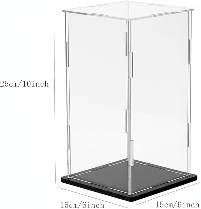 Clear Acrylic Display Case, Assemble Cube Display Box Stand with Black Base, Dustproof Protection Showcase for Collectibles Memorabilia Figurines (6*6*10inch;15*15*H25cm)
