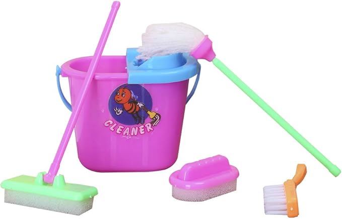 E-TING Miniature Mop Dust Pan, Brush, Broom, Plastic Bucket Doll Housework Cleaning Supplies Tools Set Dollhouse Furniture Decoration Accessories for 7-11.5 inch Dolls Accessories, Multicolored