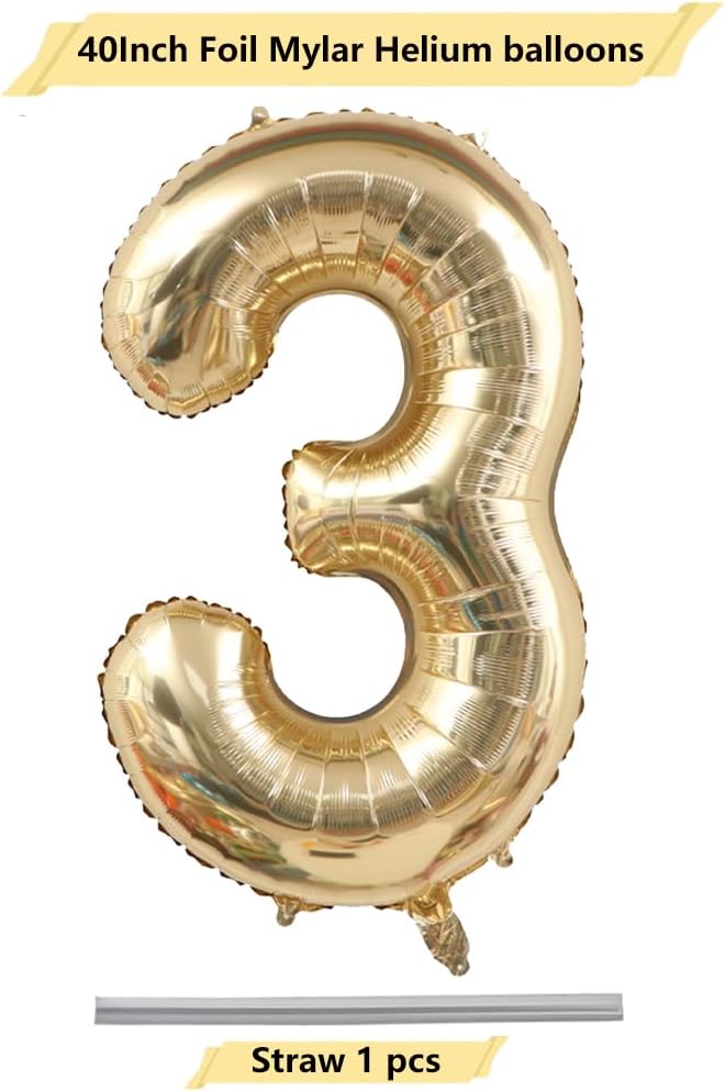 40 Inch Light Gold 3 Number Balloons Champagne Gold Giant 3 Foil Mylar Helium Large Digita Balloon for Girls Boys 3rd Birthday Jumbo Balloon Anniversary Graduation Events Party Decorations Supplies