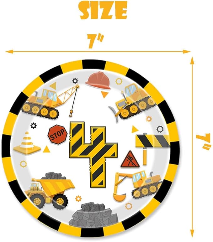 51 Pcs Construction 4th Birthday Party Supplies Dump Truck Four Years Old Tablecloth Paper Plates Napkins Forks Cups Dinnerware for Construction 4th Birthday Party Supplies Decorations
