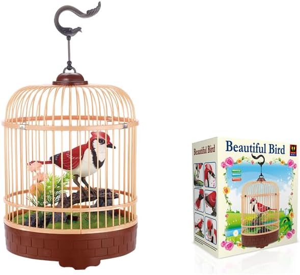 PowerTRC Singing & Chirping Bird in Cage, Realistic Sounds & Movements, Sound Activated, Battery Operated, Great Desk and Room Accessory, Pet Caged Bird Toy (10” x 7”)