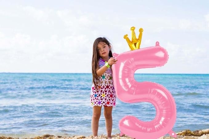 Pink 40 Inch Number Balloon (5) with Crown, Unique Foil Design, Reusable, for Birthday Party, Wedding, Anniversary