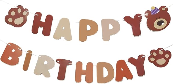Bear Happy Birthday Banner, Cute Cartoon Bear with Paw Prints Garland, Kids Animal Themed Birthday Decorations, Fun Wall Hanging Letter Bunting Party Supplies for Boys and Girls
