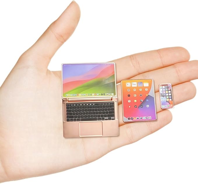 Dollhouse Decoration Miniature Accessories Dollhouse Worlds Smallest Computer Laptop Tablet Phone Simulation Accessories for Doll 1:6 1:12 Miniatures Play Set (Rose Golden)