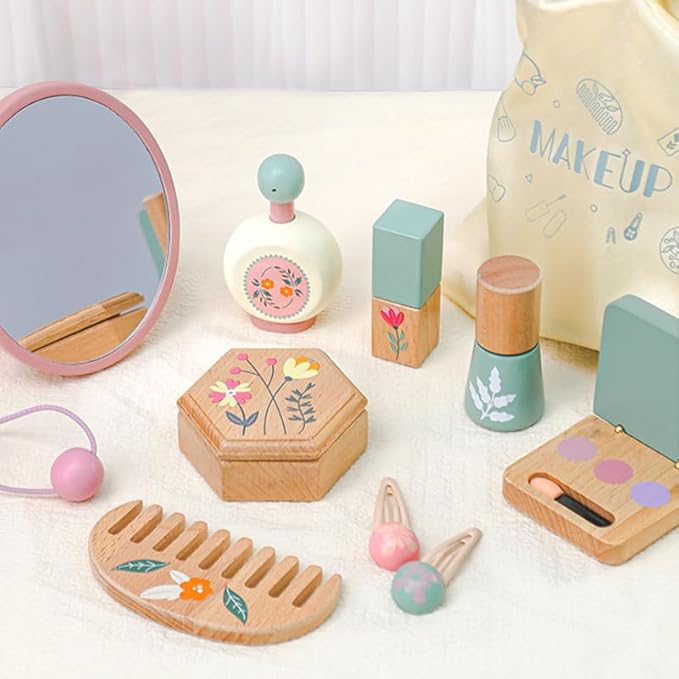 Wooden Makeup Toy Set for Girls – 11 PCS Pretend Play Makeup Kit for Kids with Mirror, Lipstick, Eyeshadow, Nail Polish, Perfume, Comb, Hair Clip & Storage Bag – Birthday Gifts for 3 4 5 6 Girls