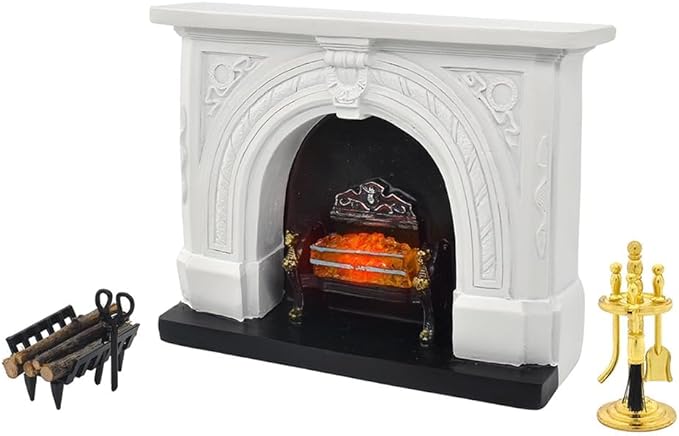 iLAND Dollhouse Furniture and Accessories of Dollhouse Fireplace on 1/12 Scale w/Fire Light & Firewood Rack & Fireplace Tool Kit (Neoclassical 4pcs)