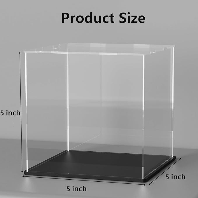 Clear Acrylic Display Case with Matte Black Base, Square Acrylic Dust-Proof Showcase, Cube Counter-Tops Box for Collectibles and Toys (5x5x5 inch)