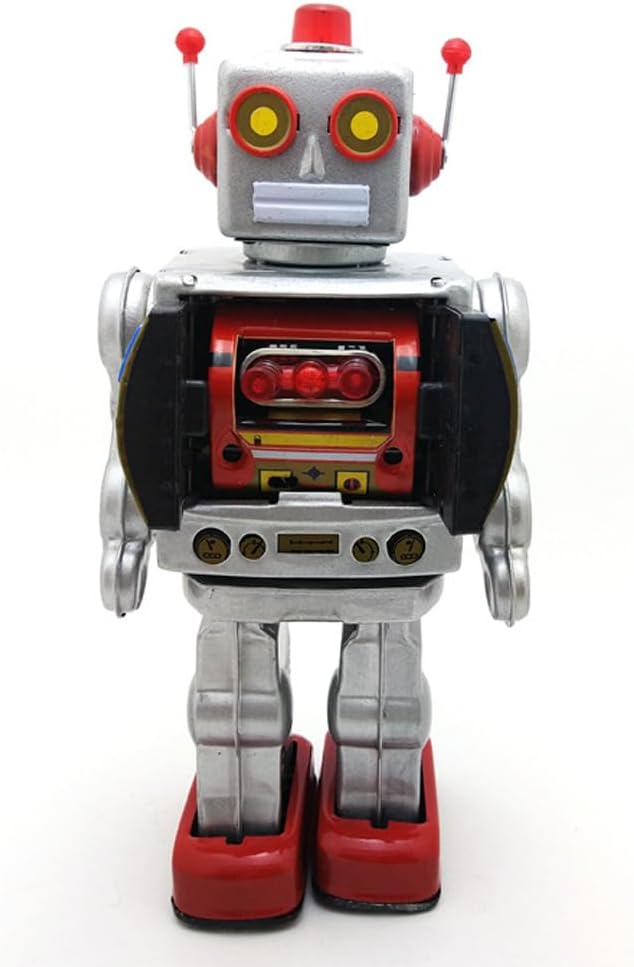 Charmgle Retro Tin Toys Walking Robot, Electric Rotating Desk Robot with Gun Fire Sound, Adult Collection Birthday Gifts Party Favor Handmade Robots Silver