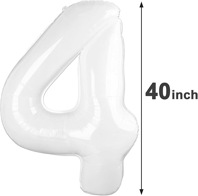 40 Inch White Large Number 4 Birthday Balloon, Giant Number Four 14 24 34 40 44 Balloons, White Foil Mylar Big Balloons for Anniversary Graduation Supplies Decorations