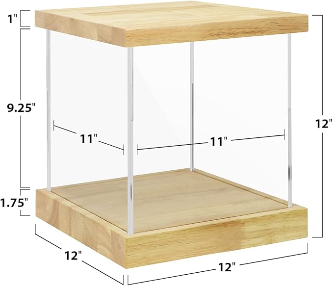 BenchPro Clear Acrylic Display Case for Trophy, Collectibles, Assemble Cube Display Box Stand Dust Proof Protection Showcase for Action Figures Toys. (1.75" & 1" Thick Wood, 12" H x 12" L x 12" D)