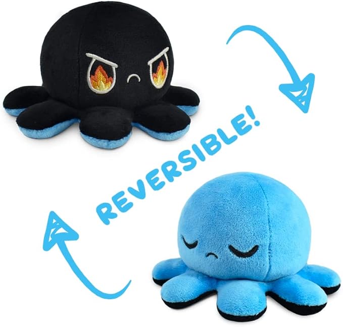 TeeTurtle Reversible Octopus Plushie 4-Inch Fire Eyes + Sleepy Two-Sided Flip Plush Toy with Embroidered Details - Cute Mini Collectible Plush for Kids, Teens, and Adults