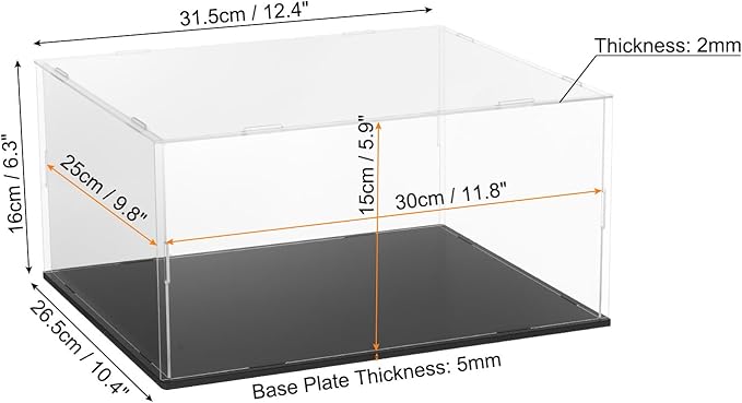 uxcell Acrylic Clear Display Case for Collectibles Self-Assemble Display Boxes with Black Base Dustproof Countertop Storage Box for Collectibles Action Figures, 11.8 x 9.8 x 5.9 Inch