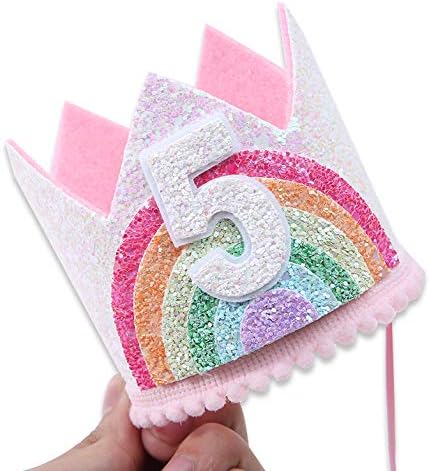 WAWUO Birthday Rainbow Girl Crown, Birthday Hat For Event Party Supplies, Photo Props