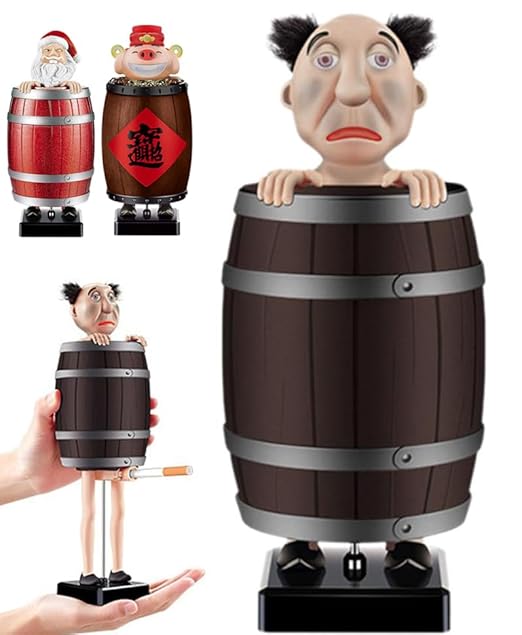 Funny Cigarette Dispenser, Novelty Gag Collectibles Prank Automatic Bounce Cigarette Case, Weird Old Man in The Wooden Barrel Cigarette Box, Prank Toy Gift for Man