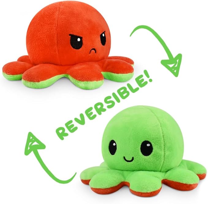 TeeTurtle Reversible Octopus Plushie - 4-Inch Red + Green Two-Sided Flip Plush Toy with Embroidered Details - Cute Mini Collectible Plush for Kids, Teens, and Adults