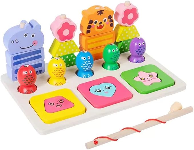 Wooden Montessori Toys for 3 Year Old，Shape Sorter Stacking Games, Fishing Games Preschool Learning Educational Toys for Boys Girls Toddlers (Animal)