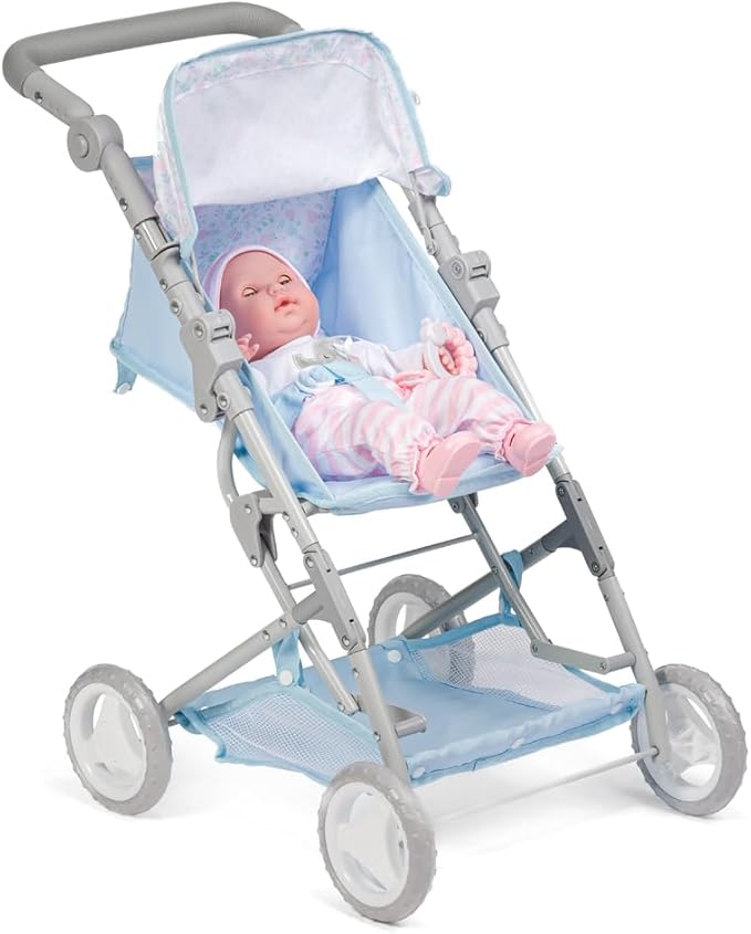 JC Toys - Berenguer Boutique | Fashionable Stroller with Canopy and Storage | Simple Folding |Blue Accessory Collection | for Dolls up to 18" | Ages 3+