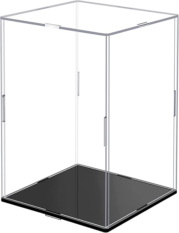 Clear Acrylic Display Case,Self-Assembly Display Box with Black Acrylic Base,Countertop Box Cube Organizer Stand Riser Dustproof Protection Showcase for Figures Toys Collectibles(9.8x9.8x15.7 inch)