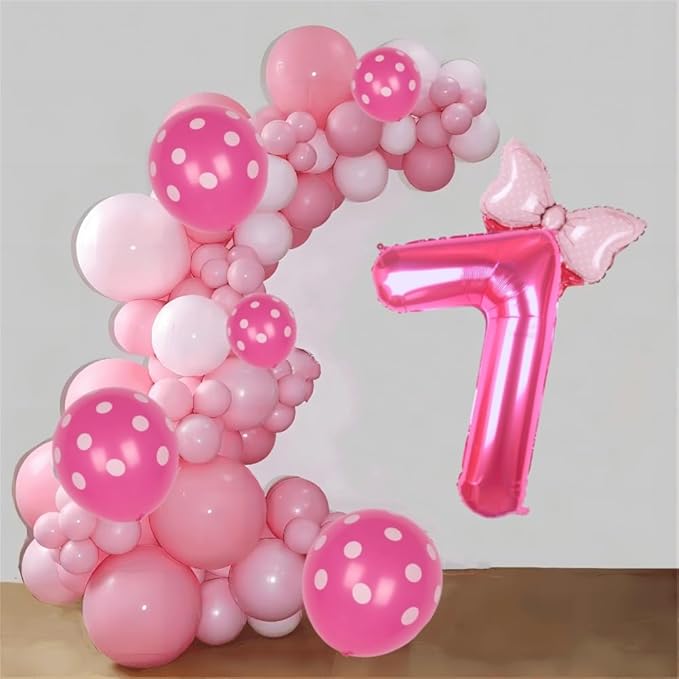 40 Inch Pink Number 7 Balloon with Mini Bow Balloon for Girls 7th Birthday Decorations, Pink Girl Mouse Princess Western Cowgirl Theme Birthday Party Balloons Decorations Supplies
