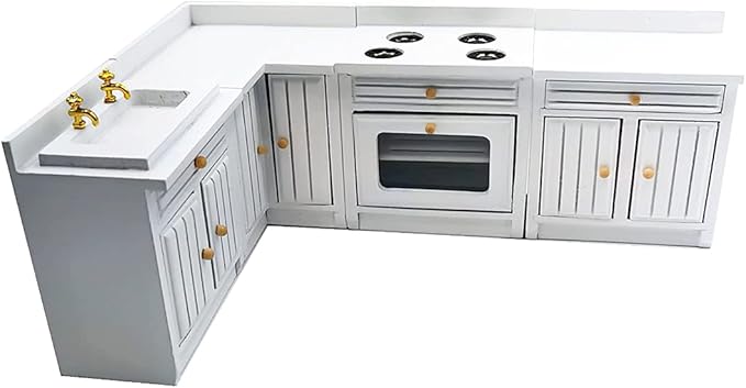 Dollhouse Decoration Accessories,1:12 Dollhouse Miniature Furniture Wooden Kitchen Cabinet Set Freely Combined (White)