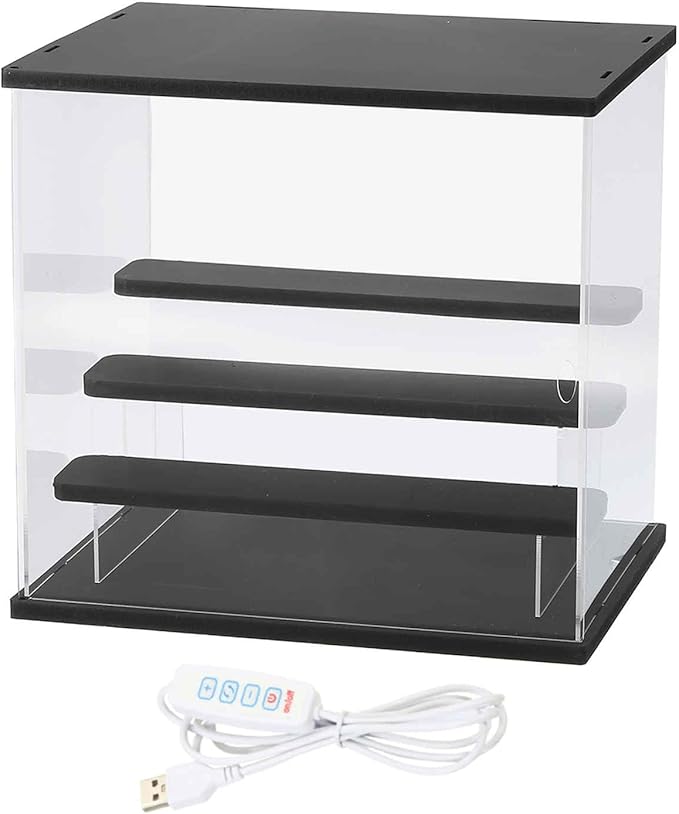 MECCANIXITY Clear Display Case, 4 Layer Acrylic Figure Display Case Clear Display Boxes for Collectibles, Figures Model Toys Home Storage(with Square LED Light, 13x9x12 Inch Black Base)