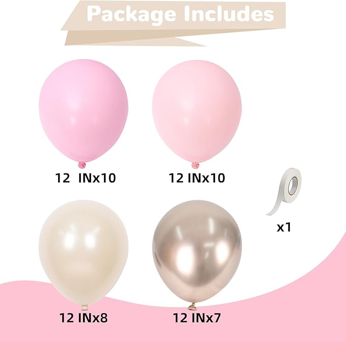 Pink and Gold Balloons 12 Inch Pastel Light Baby Pink Double Stuffed Sand White Sand Beige Champagne Gold Metallic Latex Party Balloon for Boho Birthday Baby Bridal Shower Wedding Party Decor