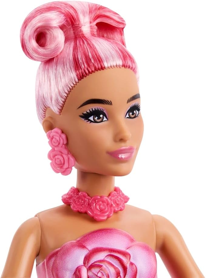 Barbie Petal Pop Scented Doll with Rose Dress & Accessories, Bouquet Reveal with Pet Bunny & Surprises Like Watering Can, Necklace & Earrings