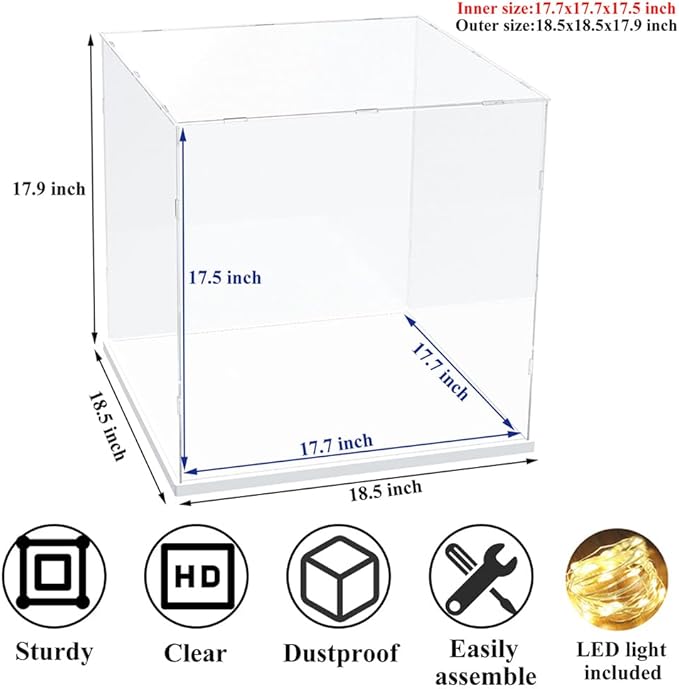 DuvinDD Acrylic Display Case for Collectibles Lego Clear Acrylic Display Box Countertop Dustproof Protection Large Showcase Toys Action Figure Stand Home Storage Box with Base (17x17x17 inch)