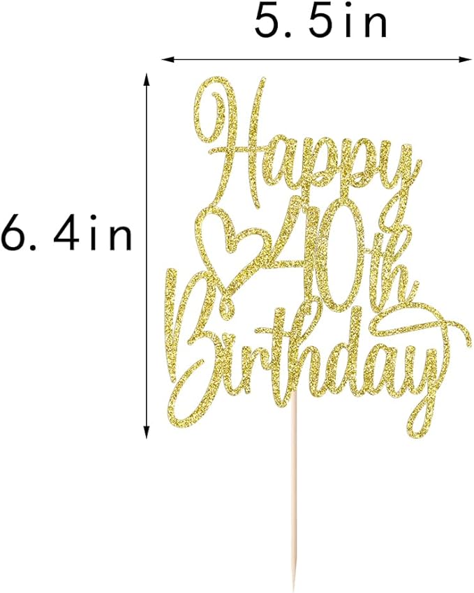 Gold Glitter Happy 40th Birthday Cake Topper - Cheers to 40 Years Cake Topper, 40 & Fabulous Cake Decoration for Hello 40th Birthday Anniversary Party Cake Decorations Supplies