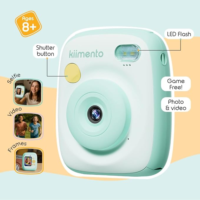 kiimento Instant Print Digital Camera, Ink-Free Thermal Printing with 4 Color-Themed Paper Options, 2.4” HD Screen, Selfie Lens, 48MP Photo, 1080p Video, 32GB Memory Card – Model P2 (Mint)