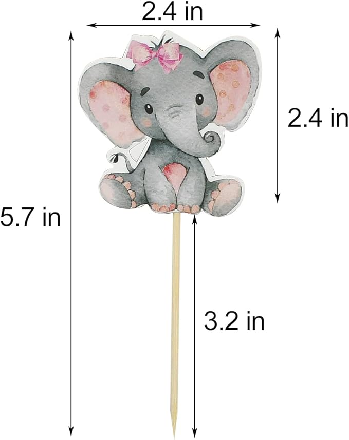 Yuntop 36 Pink Elephant Cupcake Toppers for Baby Shower, Birthday Party Supplies, Cake Decorations, Cute Baby Girl Cupcake Picks