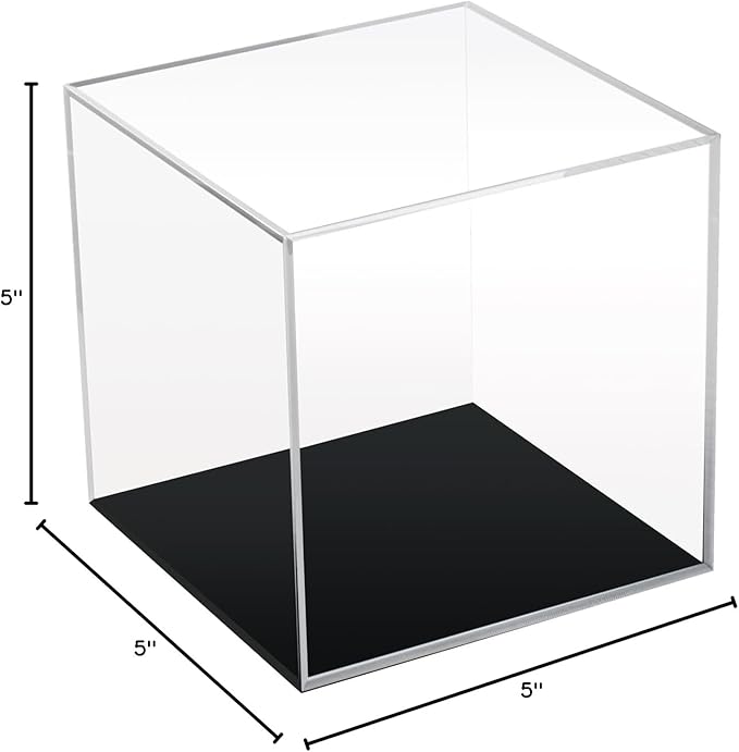 Clear Acrylic Simple Self-Assembly Display Box with Black Base, Removable Figures Toys Props Display Riser Stand, Cube Countertop Decorative Storage Box for Home Organization, 5x5x5Inch