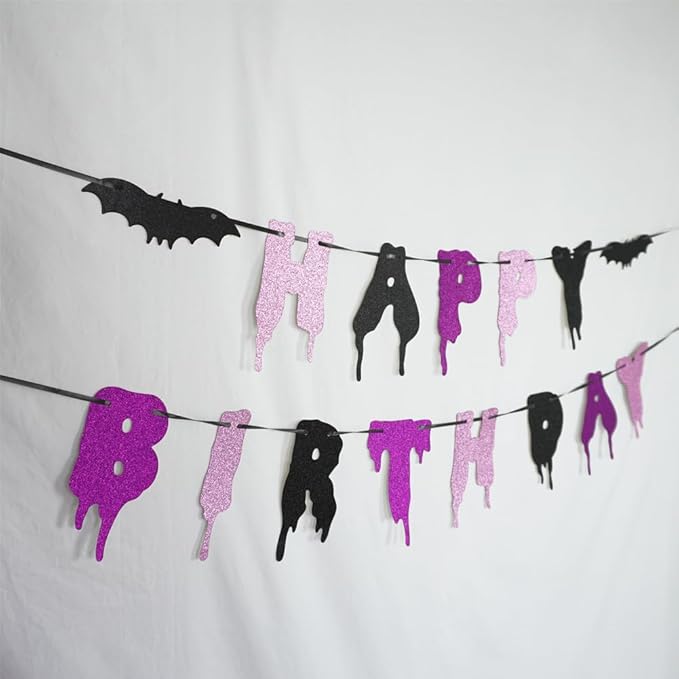 Halloween Happy Birthday Banner – Bday Party Decoration, Glitter Bloody Hanging Garland with Spooky Bats, Halloween Theme Party Supplies, Indoor & Outdoor