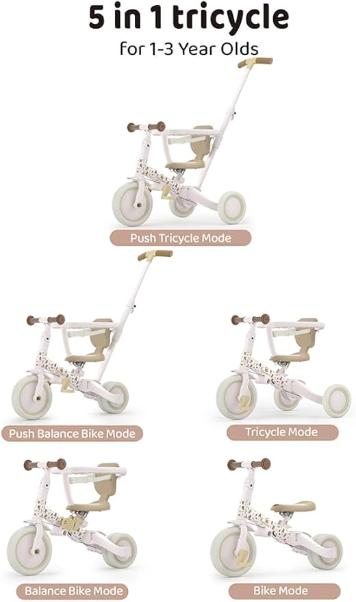 newyoo 5 in 1 Tricycles for 1-3 Year Olds, Baby Balance Bike, Christmas & Birthday Gift for Boy & Girl, Toddler Bike with Parent Push Handle, Safety Guard, Backrest & Safety Belt, Yellow, TR008