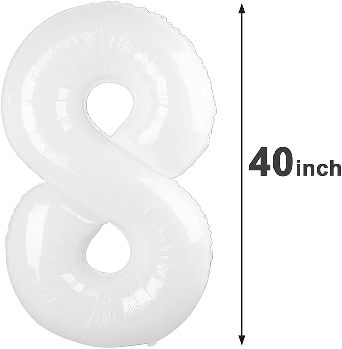 White Foil Number 8 Balloon 40 Inch, Helium Mylar Eight Number 8 18 28 38 48 58 80 88 Birthday Balloons, 8th White Women Men Wedding Anniversary, Graduations Party Supplies
