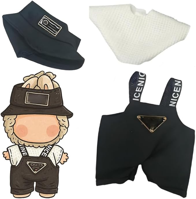17cm Unisex Doll Clothing Set - Black Animal Theme Hat and Overalls