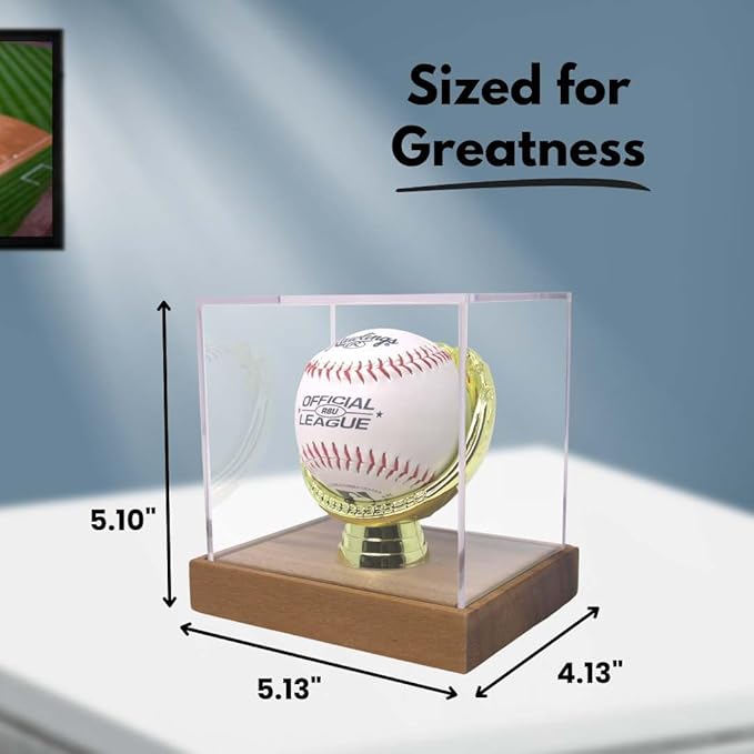 Gold Glove Baseball Display Case Holder Walnut Wood by Display Zone – Clear Homerun Cube Keepsake Box for Signed, Autograph, and Game Balls - Real Walnut Wooden Base