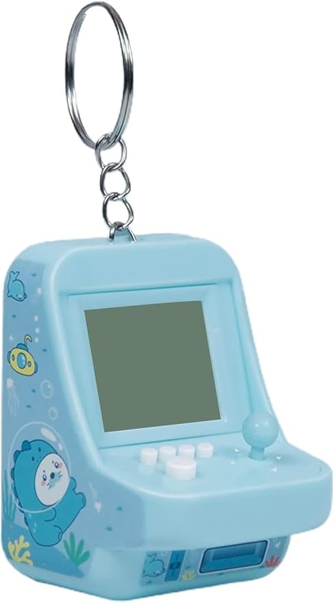Blue Micro Player Mini Arcade Machine with Keychain, 26 Classic Game Modes Support Music Mini Building Block Game Console，Plug and Play Video Games