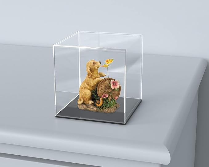 Clear Acrylic Display Case with Matte Black Base, Preassemblyed Dust-Proof Showcase, Single-Piece Clear Box for Collectibles (4x4x4 inch)